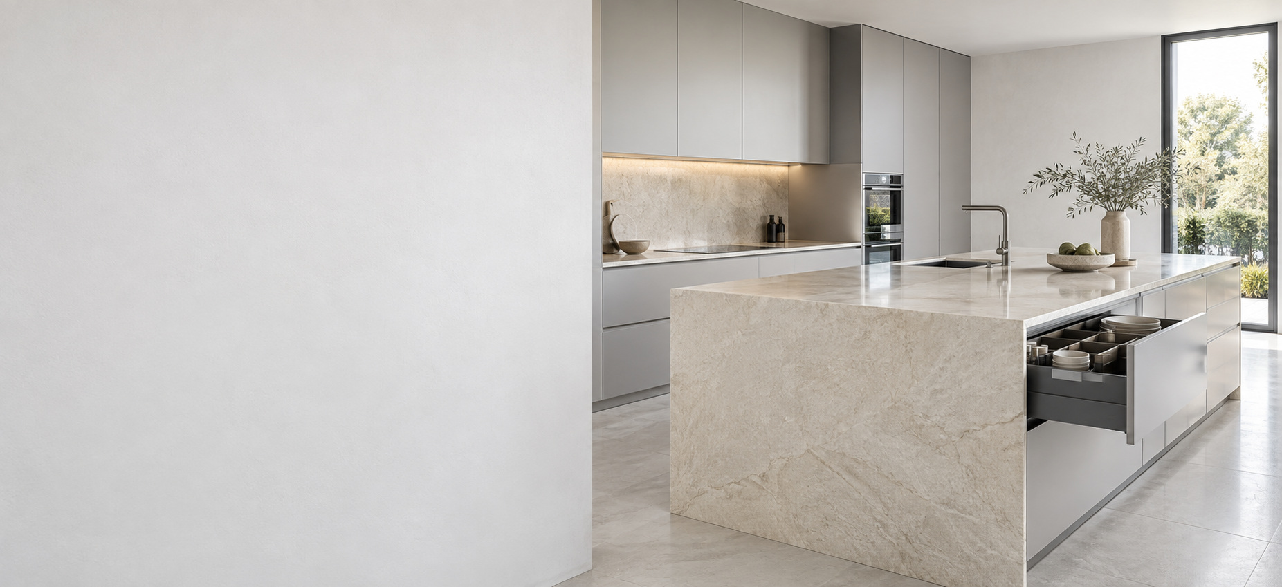 A light stone kitchen with precision cabinetry and organised drawer storage.