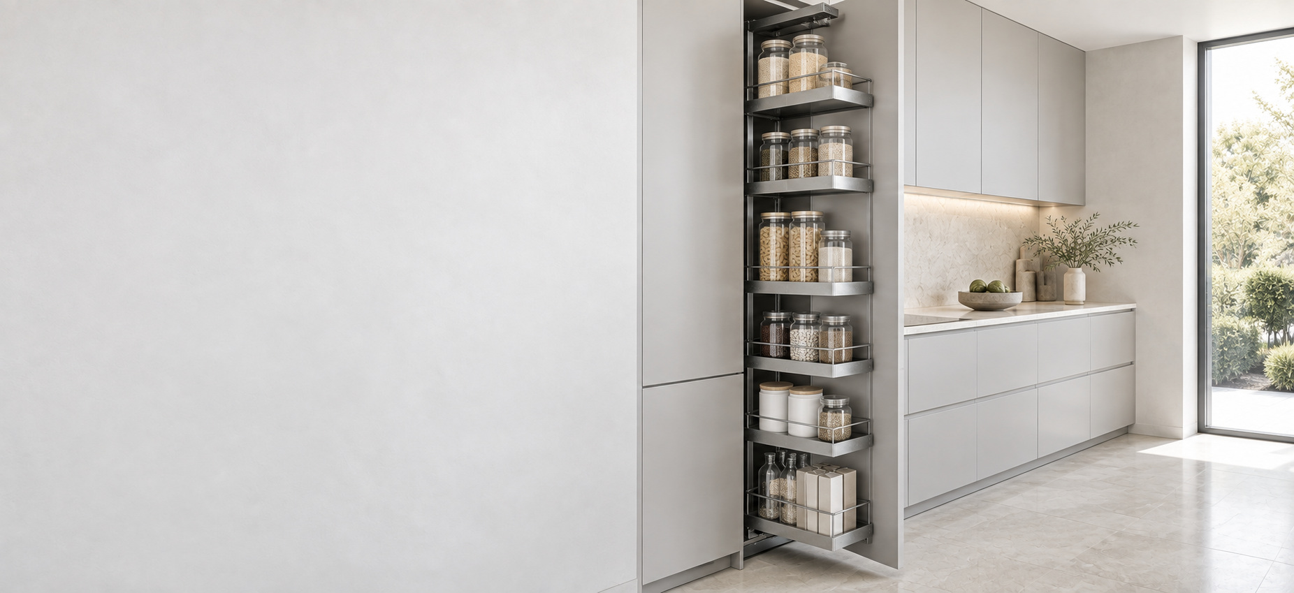 Premium kitchen pantry with carefully organised pull-out storage.